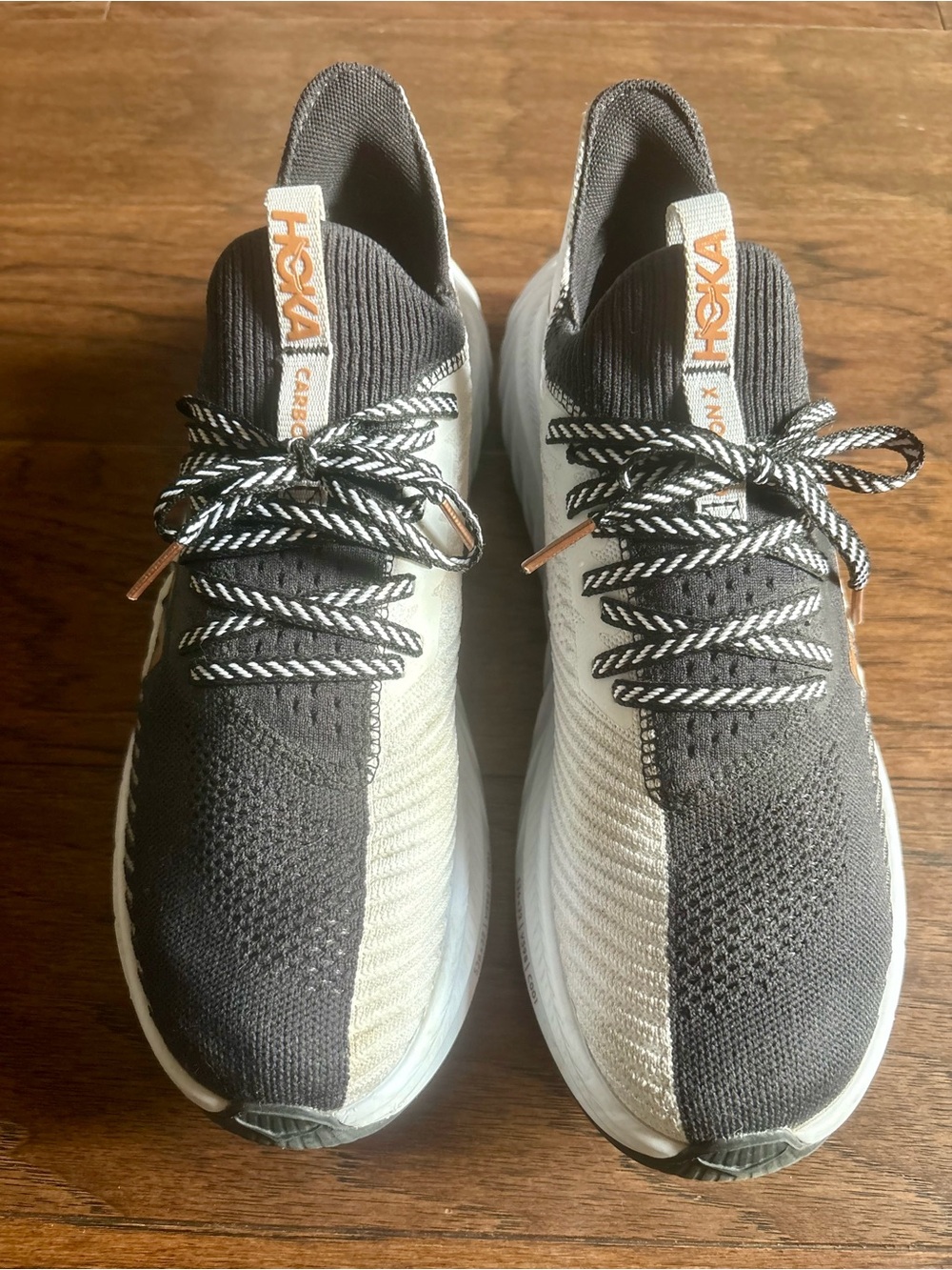 Hoka Black Knit Running Shoes with White Midsole and Tan Logo - Picture 2 of 4